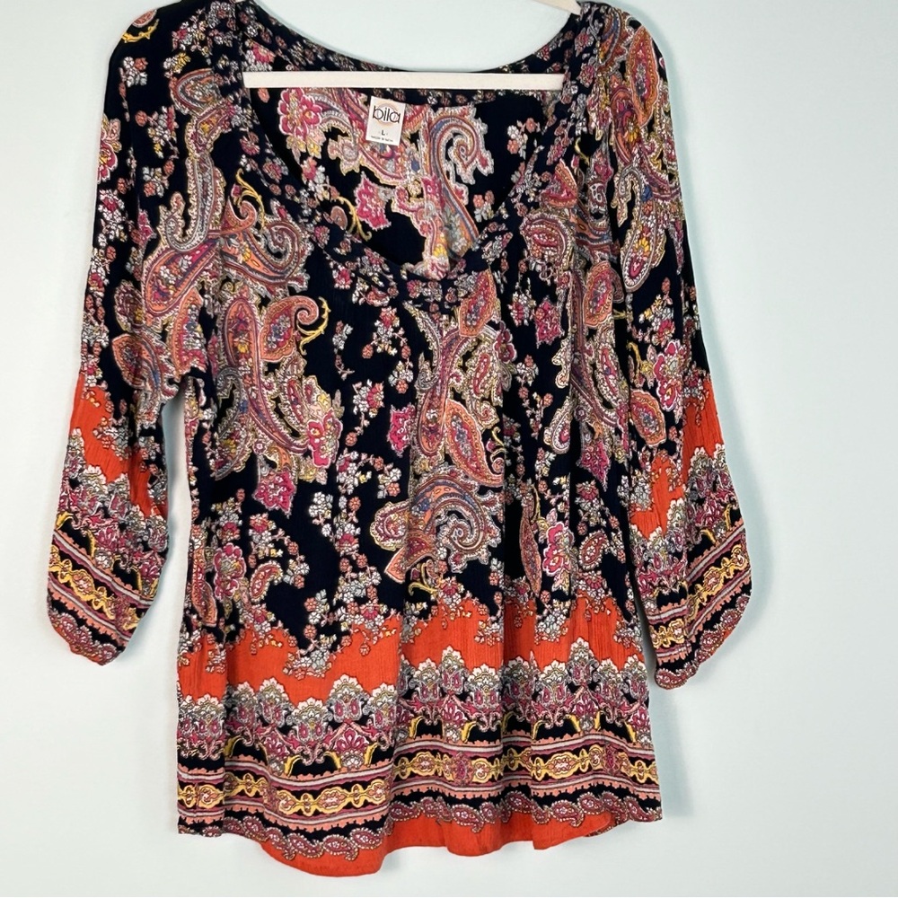 Bila Colorful Print 3/4 Sleeve V-Neck Bohemian Blouse